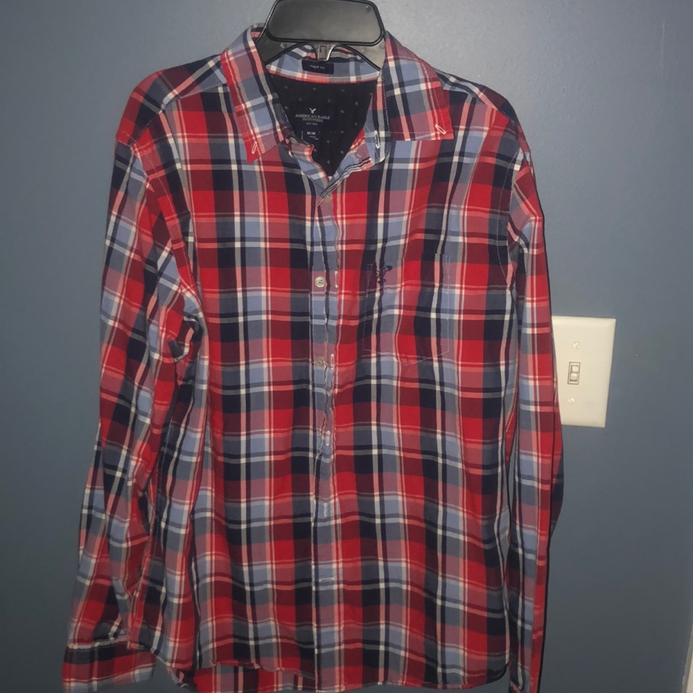 Red blue and white button down top